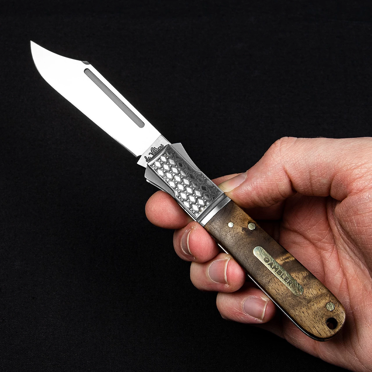 Andre De Villiers Gambler Burlwood NLA Folding Knife 7 Andre De Villiers Gambler Burlwood NLA Folding Knife - Image 5